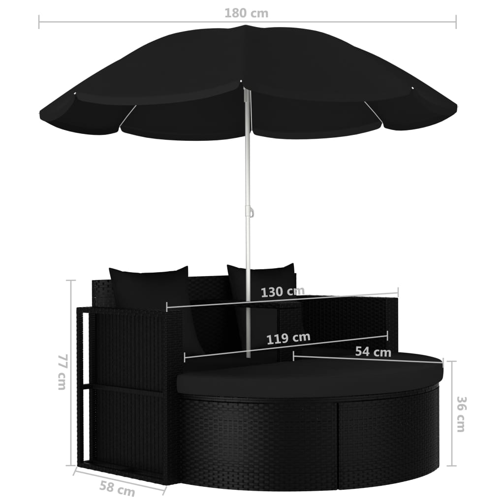 Градинско легло с чадър, полиратан, черно
