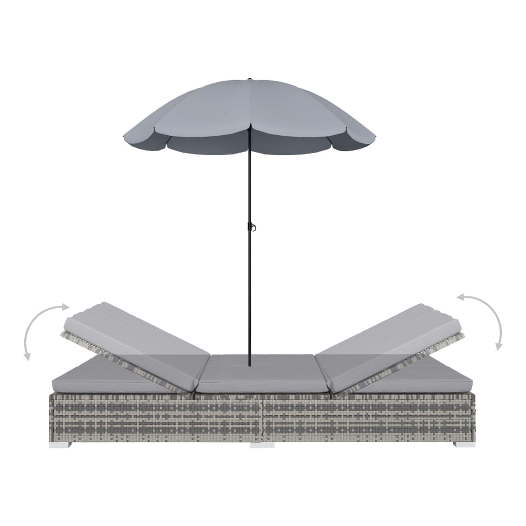 Градинско лаундж легло с чадър, полиратан, сиво