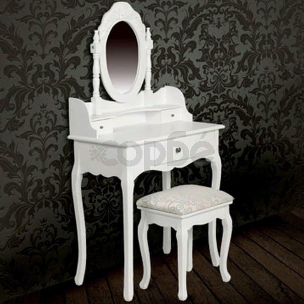 Тоалетка с огледало и табуретка, бяла 