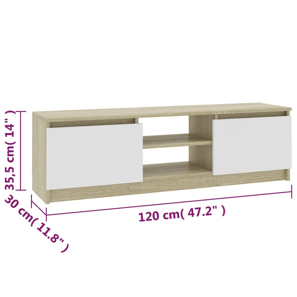 ТВ шкаф, бяло и дъб сонома, 120x30x35,5 см, ПДЧ