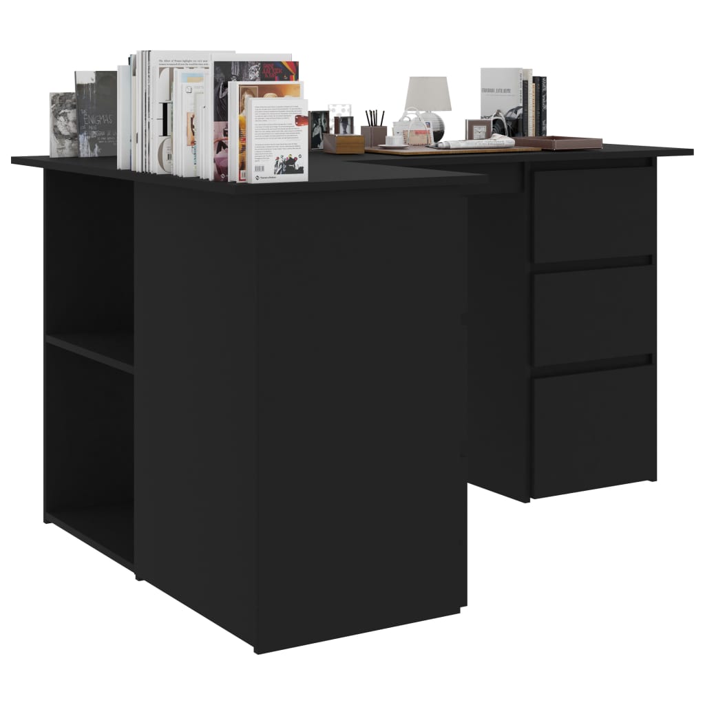 Ъглово бюро, черно, 145x100x76 см, ПДЧ
