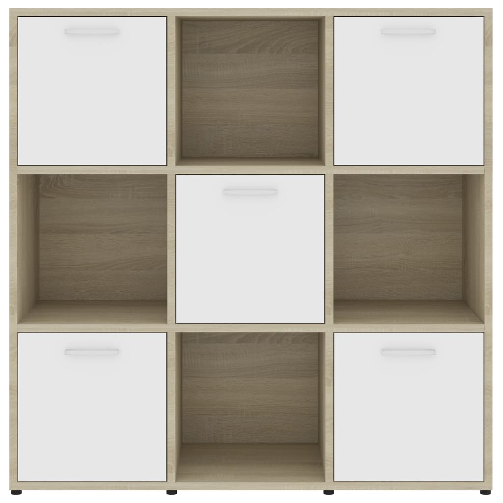 Шкаф библиотека, бяло и дъб сонома, 90x30x90 см, ПДЧ