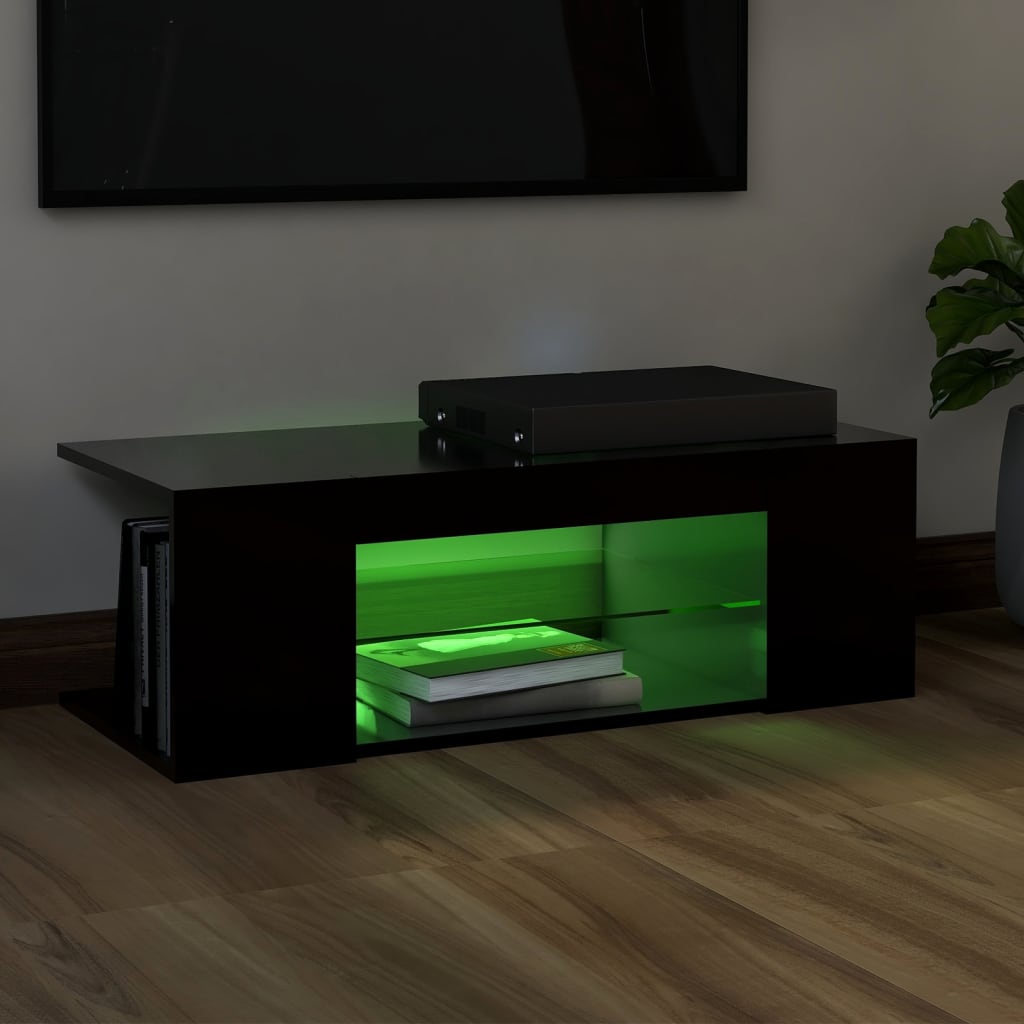 ТВ шкаф с LED осветление, черен, 90x39x30 см