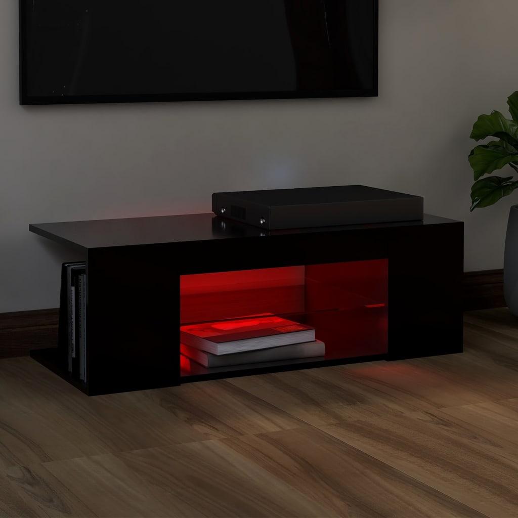 ТВ шкаф с LED осветление, черен, 90x39x30 см