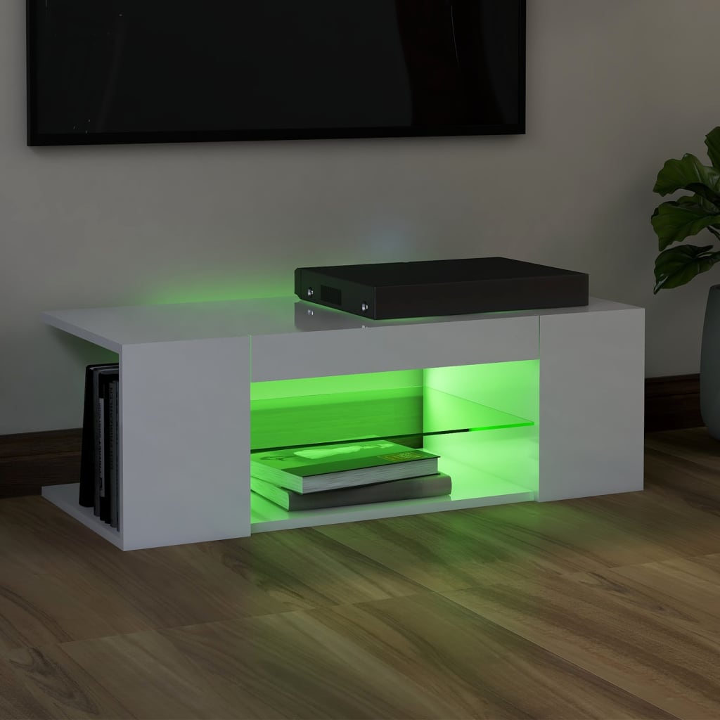 ТВ шкаф с LED осветление, бял гланц, 90x39x30 см