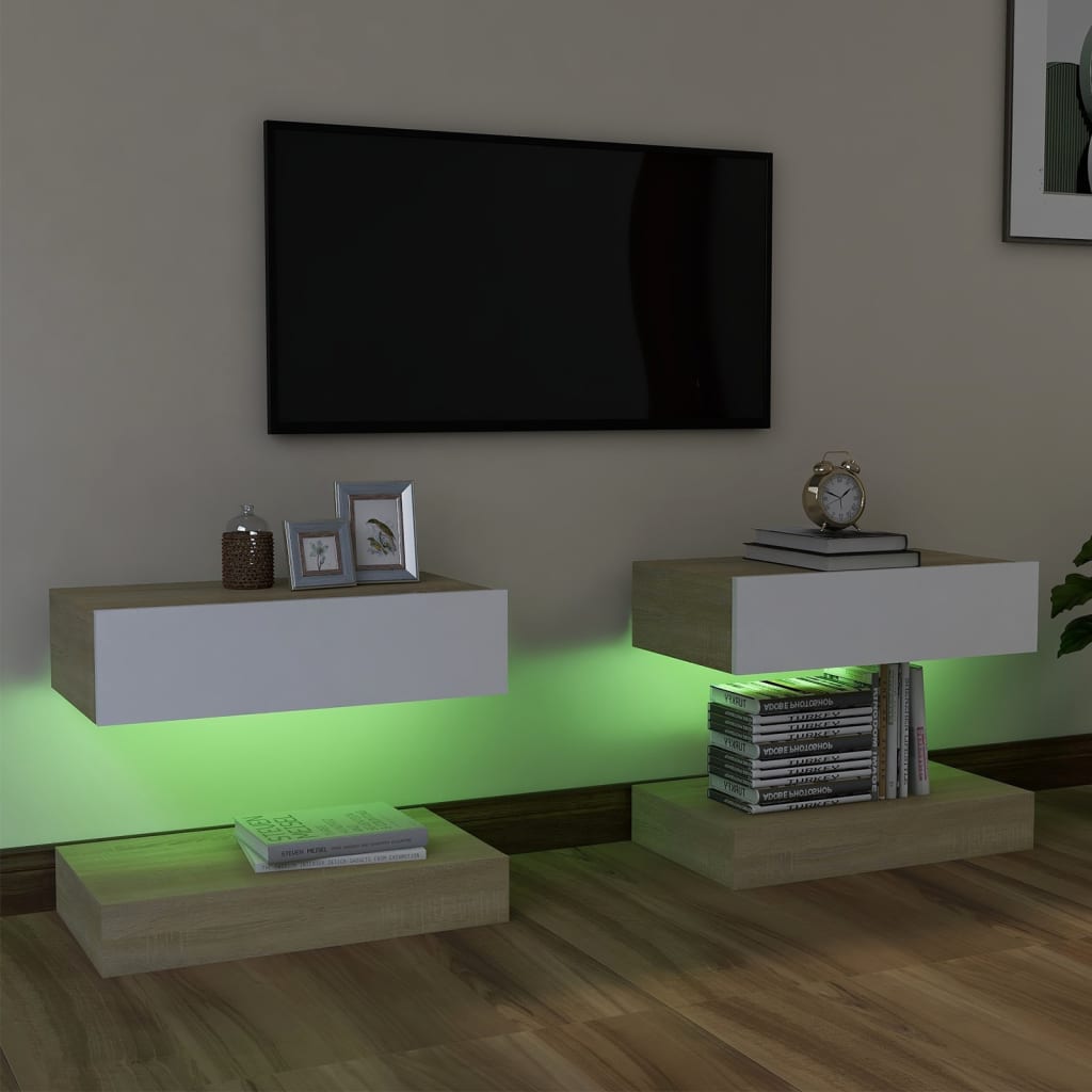 ТВ шкафове с LED осветление, 2 бр, бяло и дъб сонома, 60x35 см