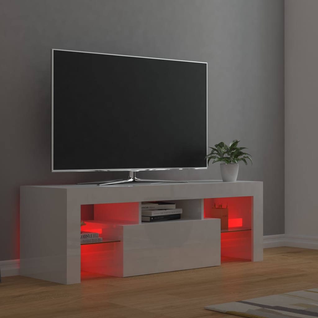 ТВ шкаф с LED осветление, бял гланц, 120x35x40 см