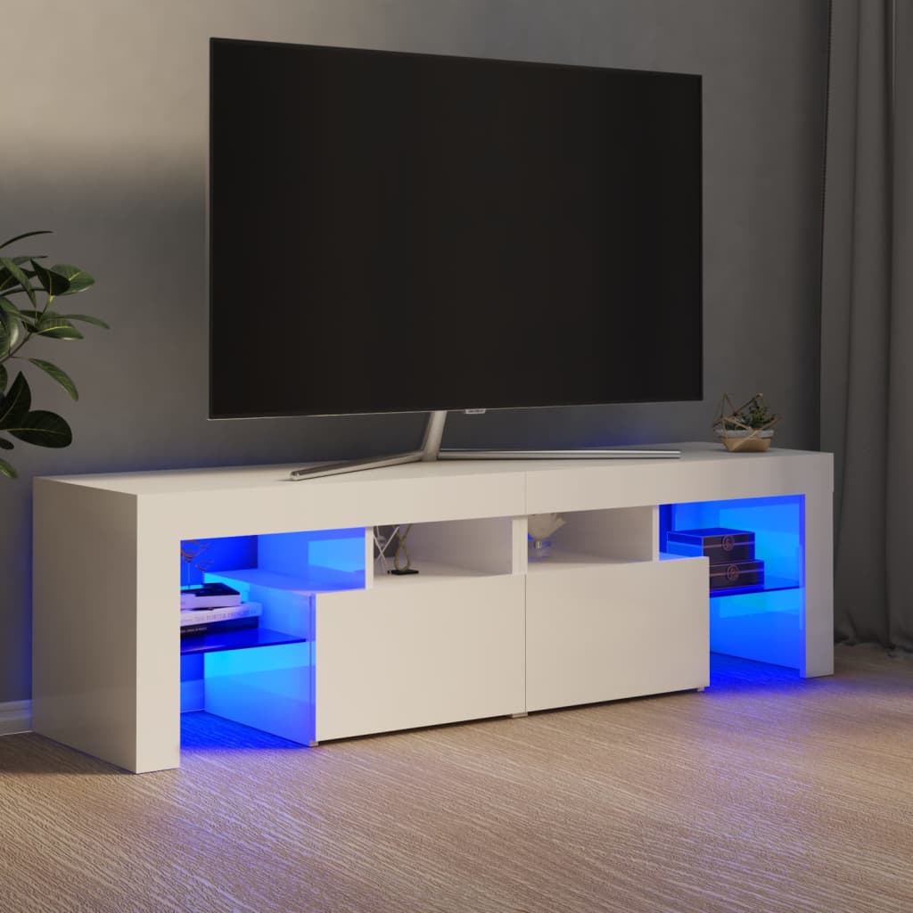 ТВ шкаф с LED осветление, бял гланц, 140x36,5x40 см