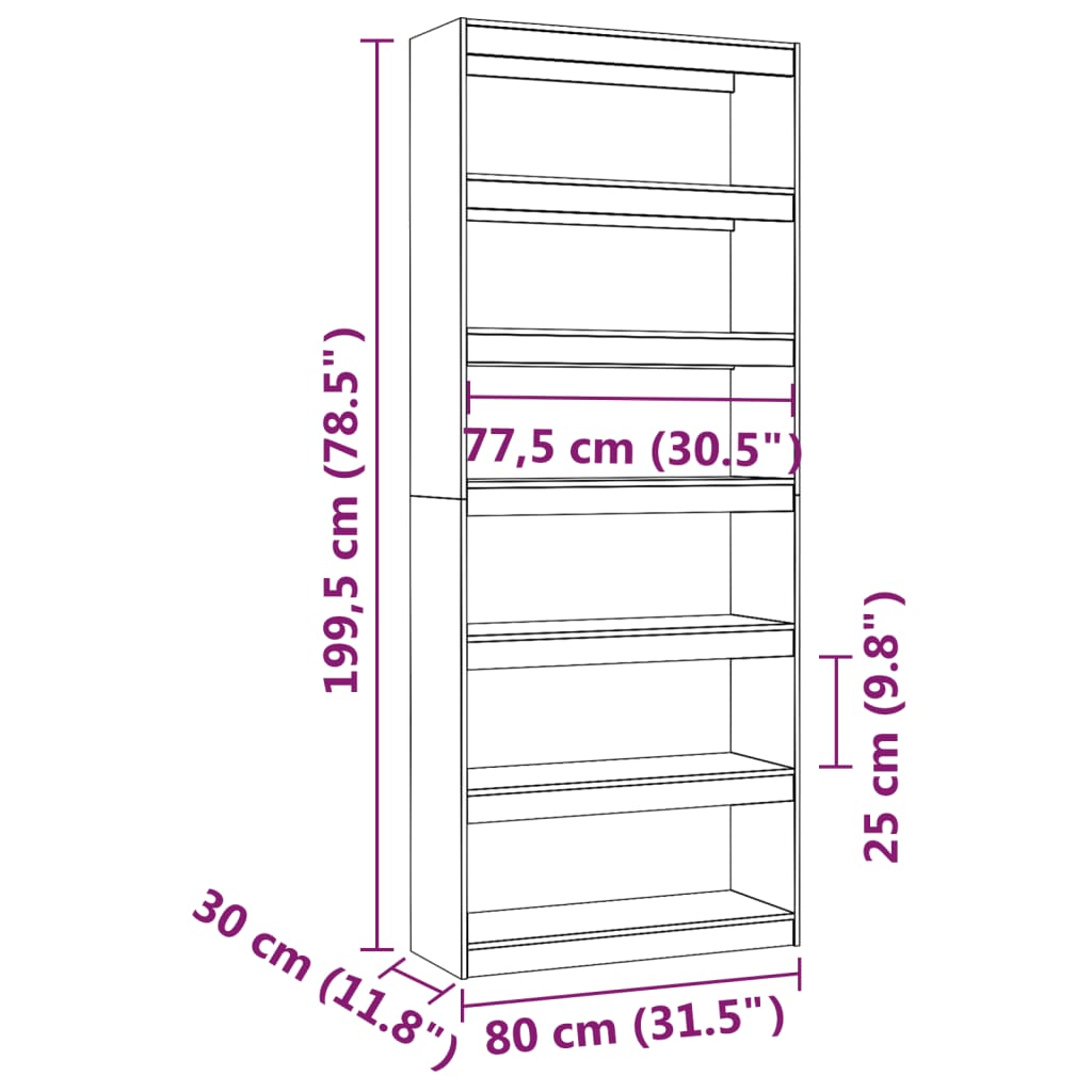 Библиотека/разделител за стая, сива, 80x30x199,5 см, бор масив