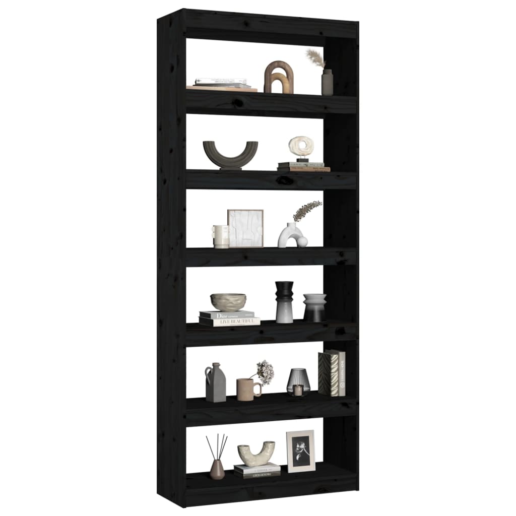 Библиотека/разделител за стая, черна, 80x30x199,5 см, бор масив
