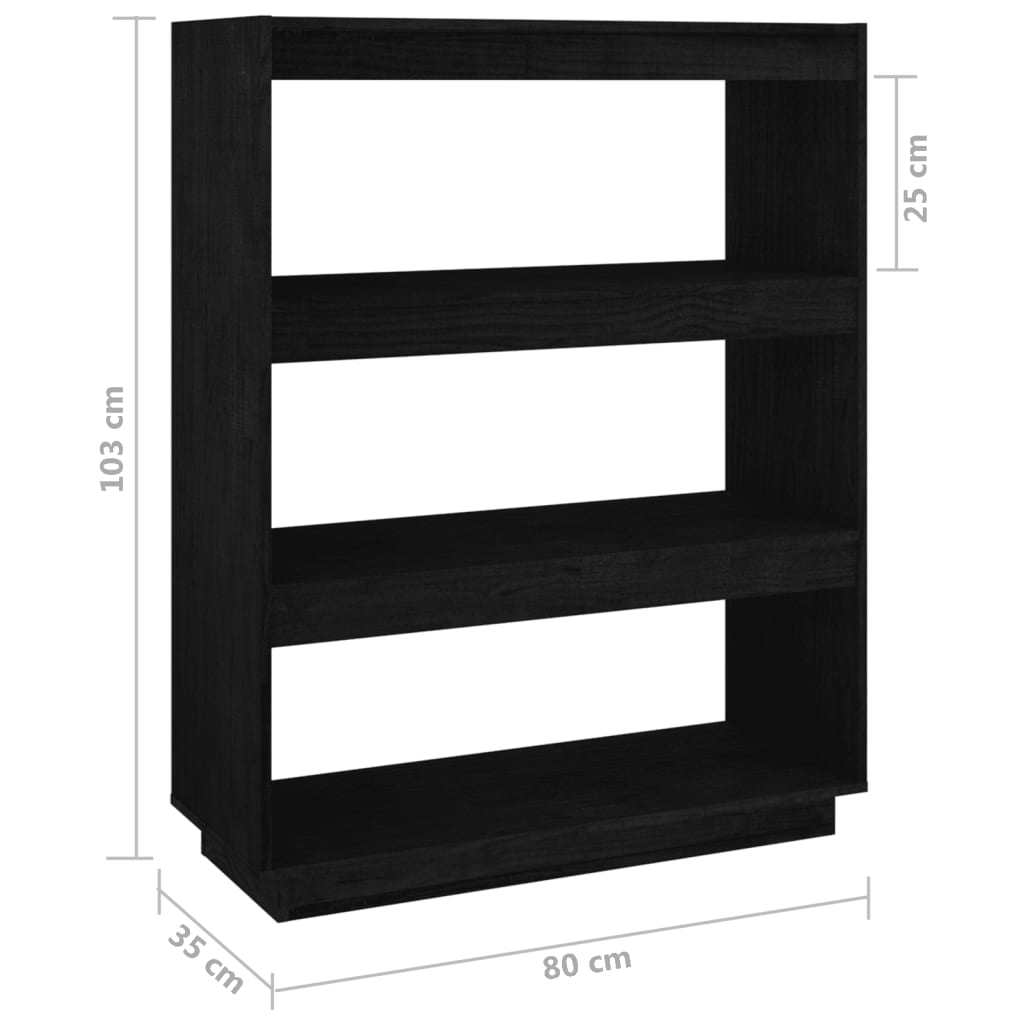 Библиотека/разделител за стая, черна, 80x35x103 см, бор масив