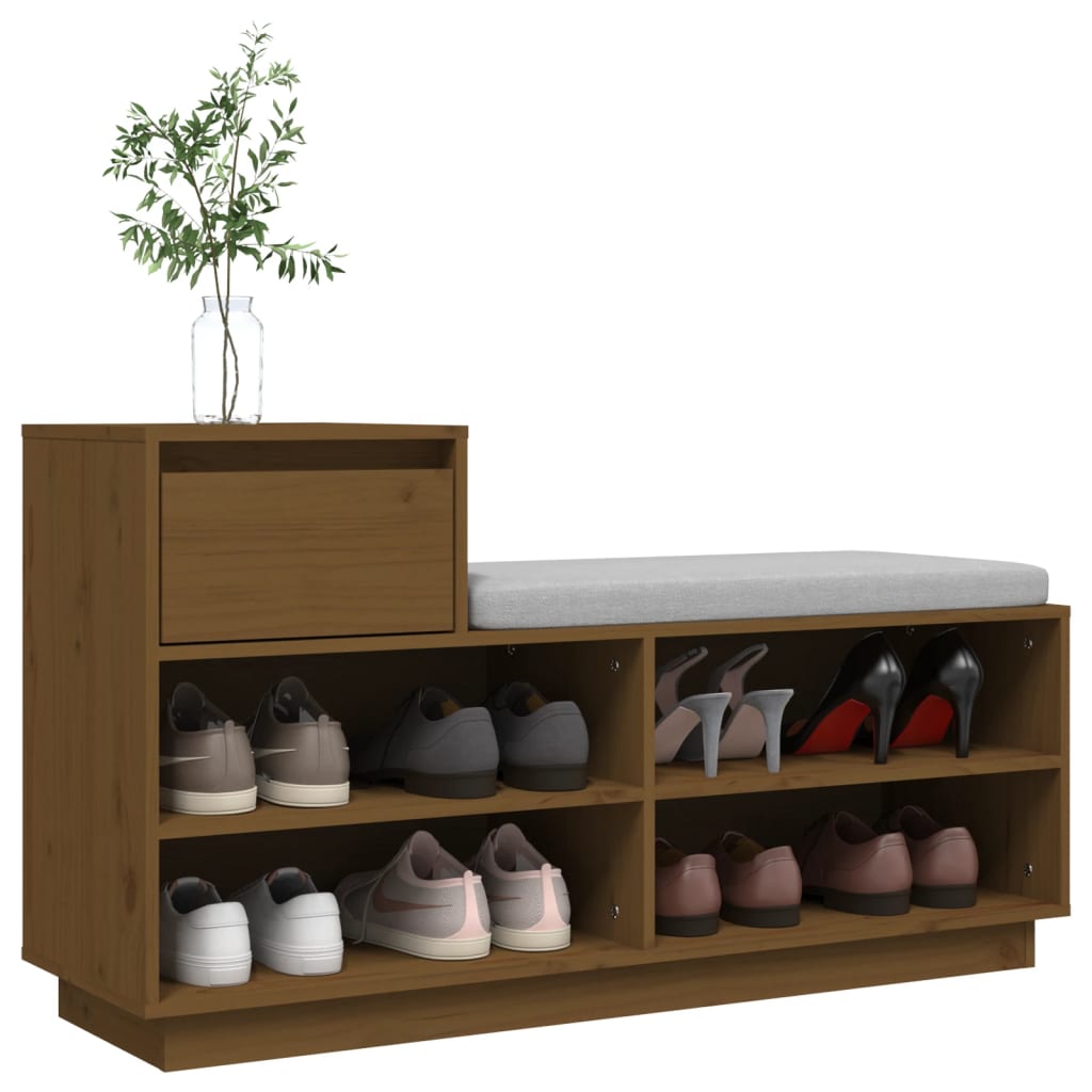 Шкаф за обувки, меденокафяв, 110x34x61 см, борово дърво масив