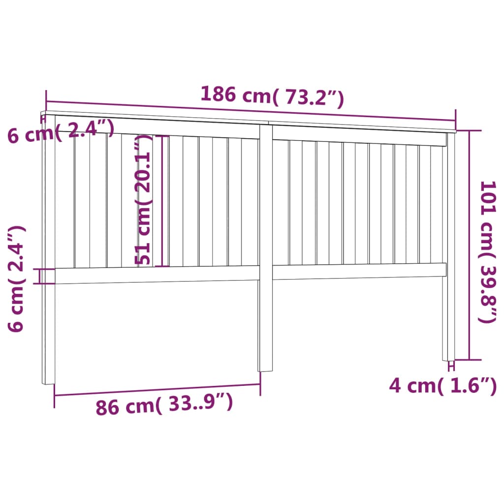 Горна табла за легло, 186x6x101 см, бор масив