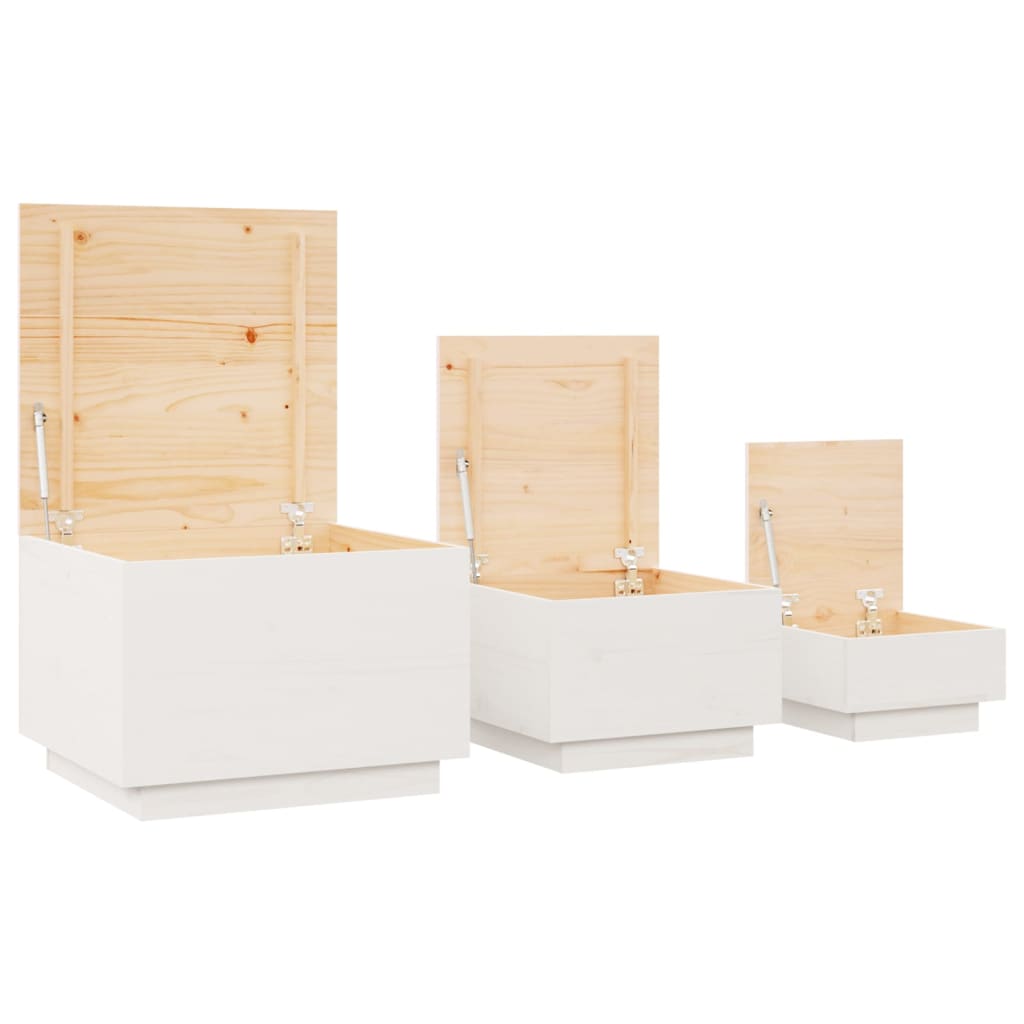Кутии за съхранение с капаци 3 бр бели борова дървесина масив