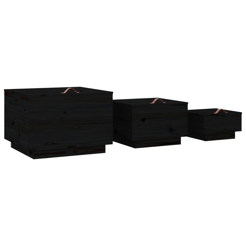 Кутии за съхранение с капаци 3 бр черни борова дървесина масив