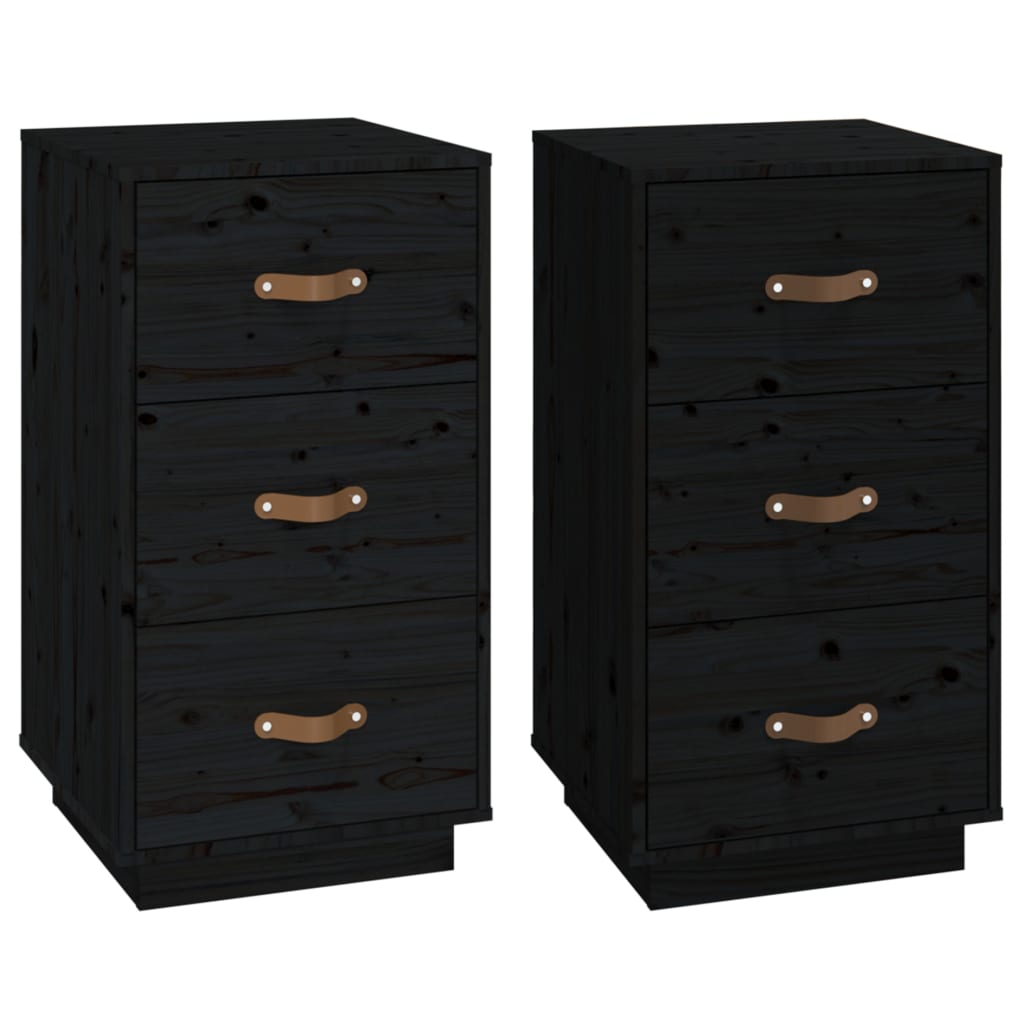 Нощни шкафчета, 2 бр, черни, 40x40x75 см, борово дърво масив