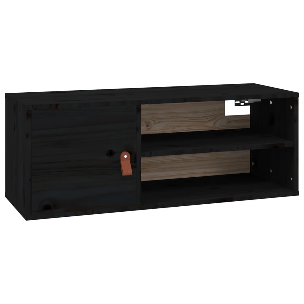 Стенен шкаф, черен, 80x30x30 см, борово дърво масив