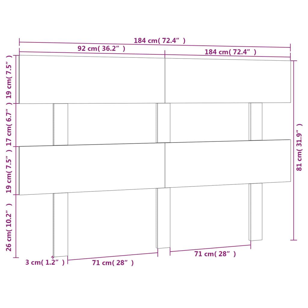 Горна табла за легло, 184x3x81 см, бор масив