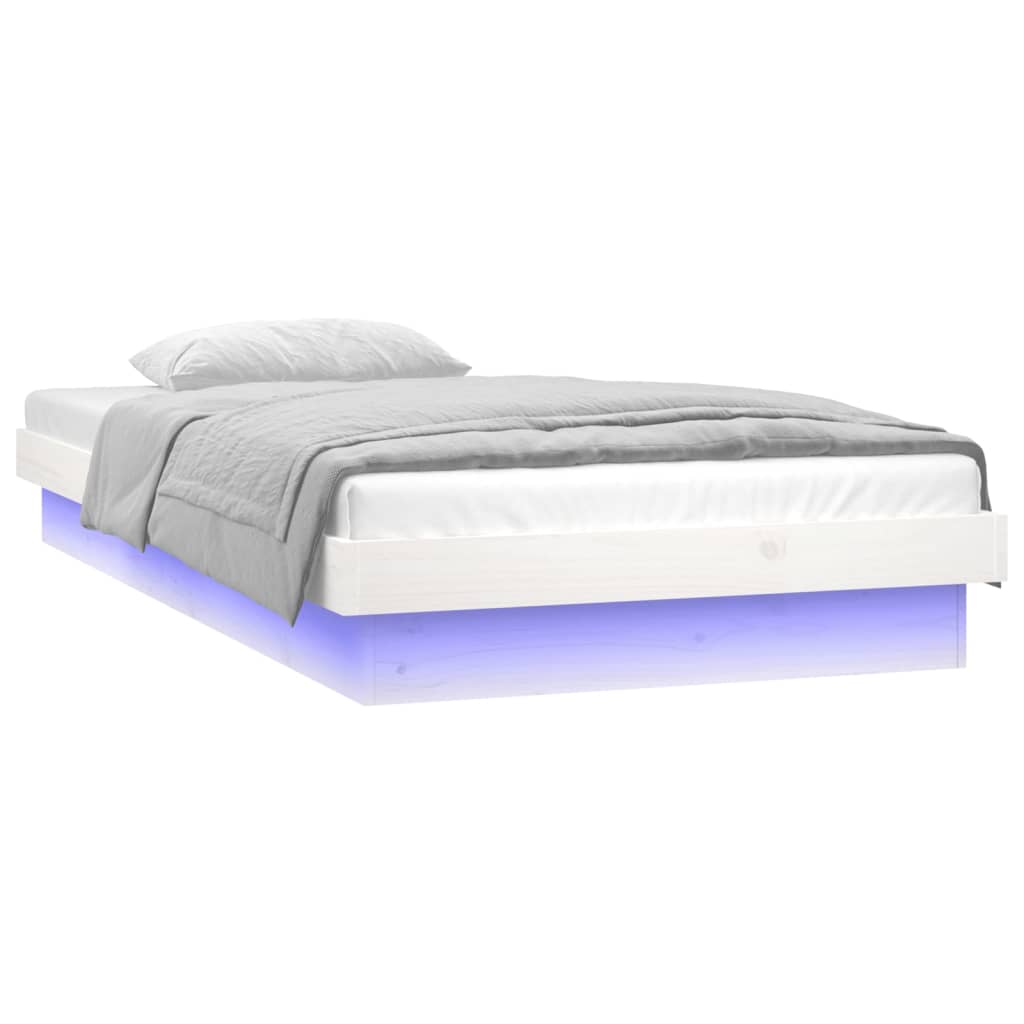 LED Рамка за легло, бяла, 90x200 см, масивно дърво
