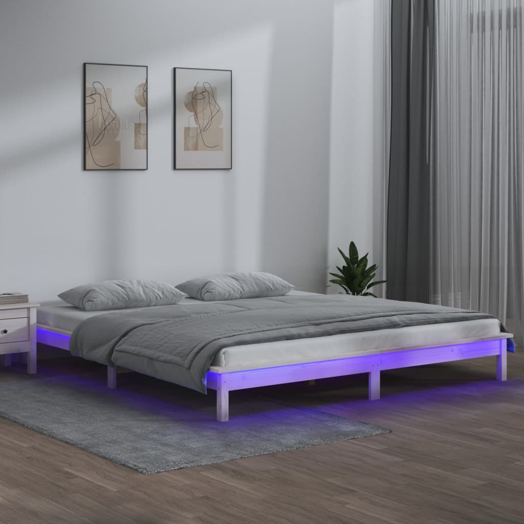 Рамка за легло с LED осветление бяла 120x200 см масивно дърво