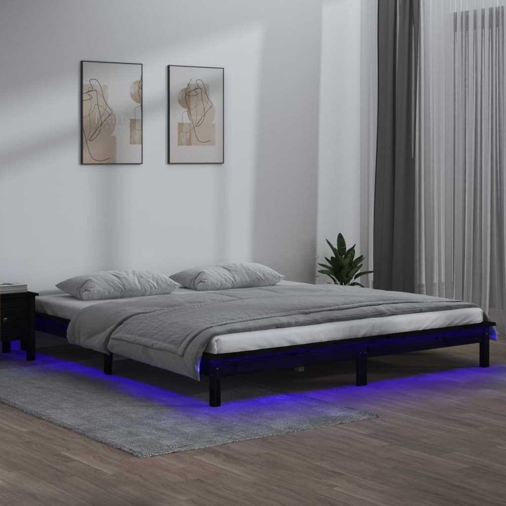 Рамка за легло с LED осветление черна 120x200 см масивно дърво