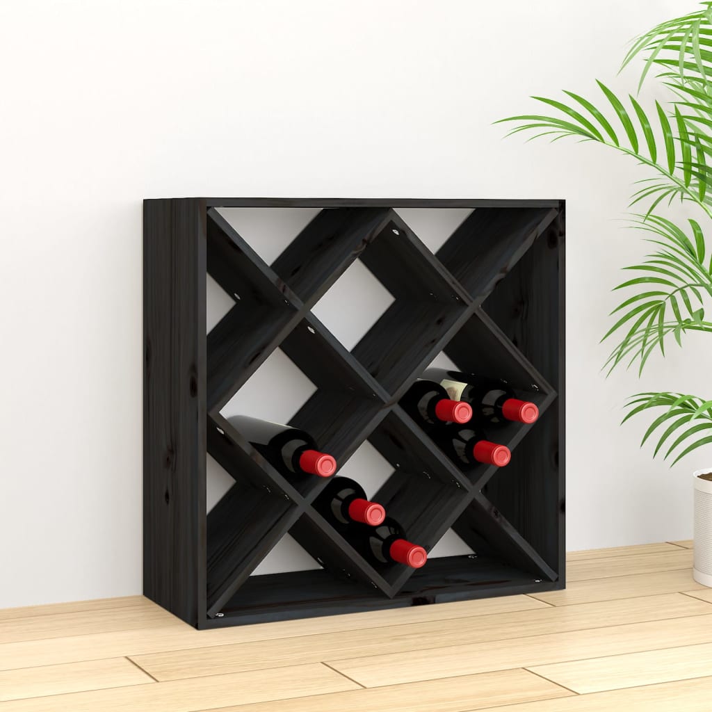 Шкаф за вино, черен, 62x25x62 см, борово дърво масив