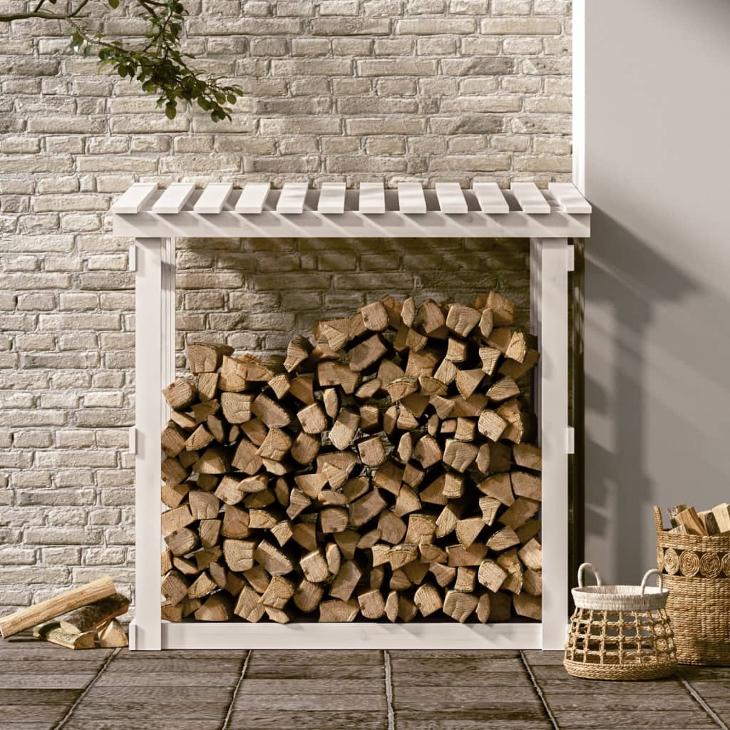 Поставка за дърва за огрев, бяла, 108x64,5x109 см, бор масив
