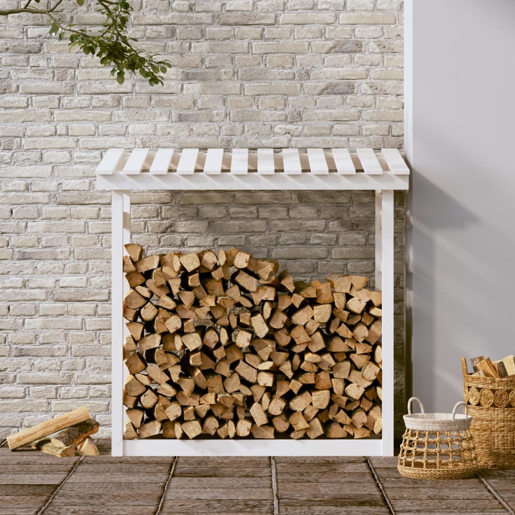 Поставка за дърва за огрев, бяла, 108x64,5x110 см, бор масив
