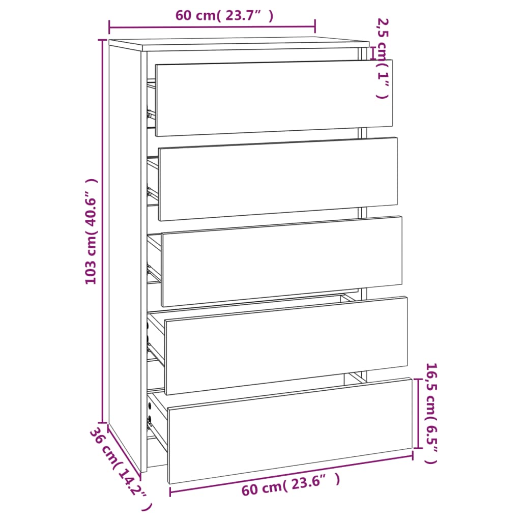 Скрин с чекмеджета, бял гланц, 60x36x103 см, инженерно дърво