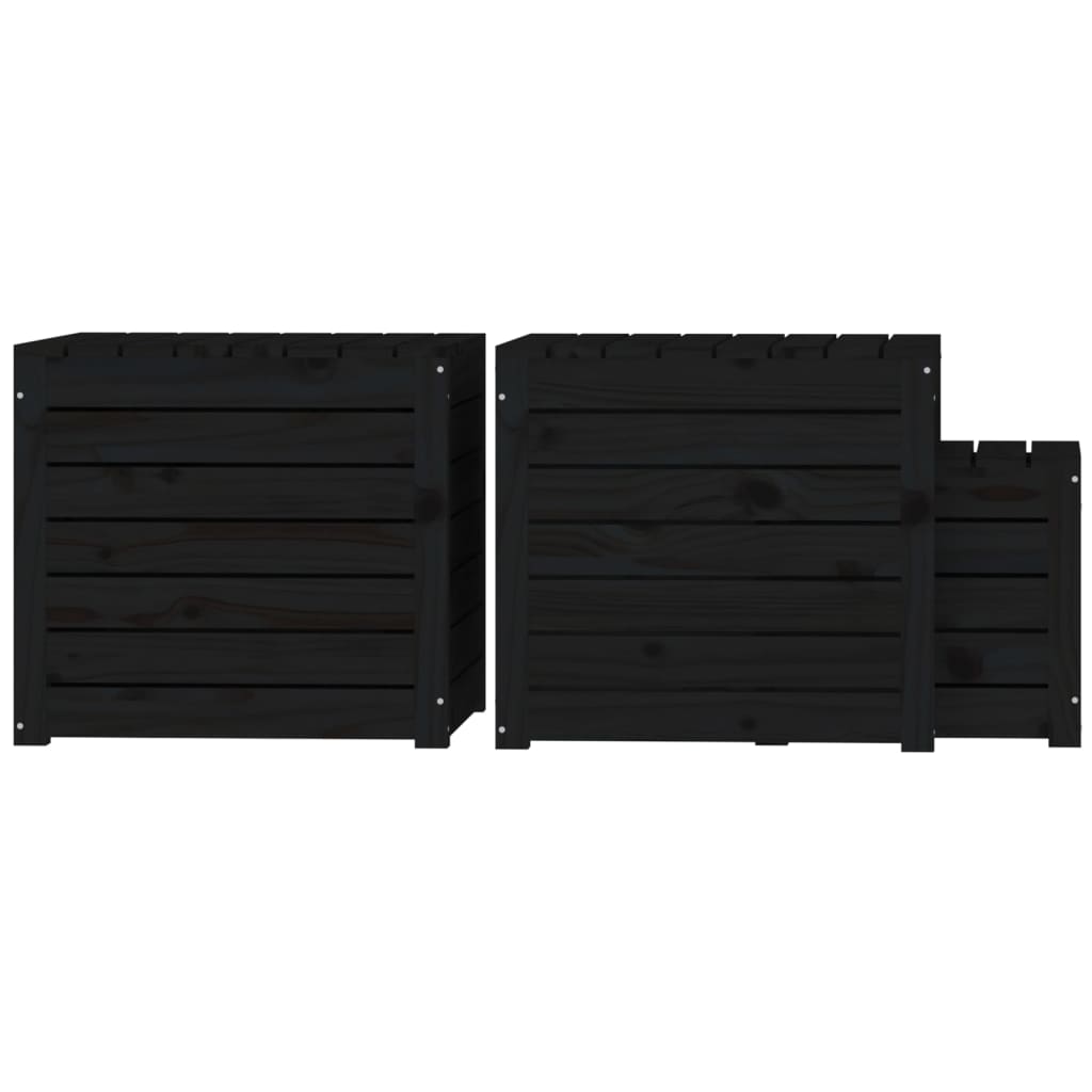 Комплект градински кутии от 3 части, черно, масивно дърво бор