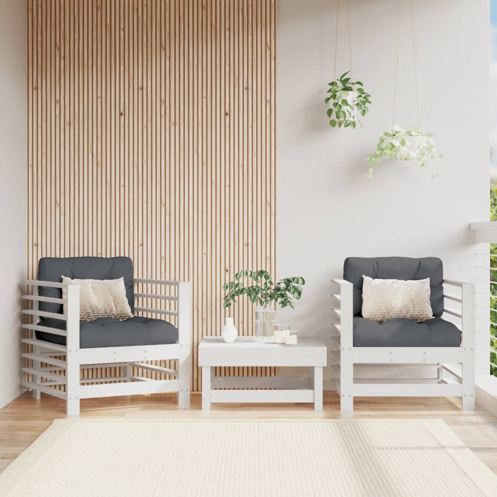 Градински столове с възглавници, 2 бр, бели, бор масив