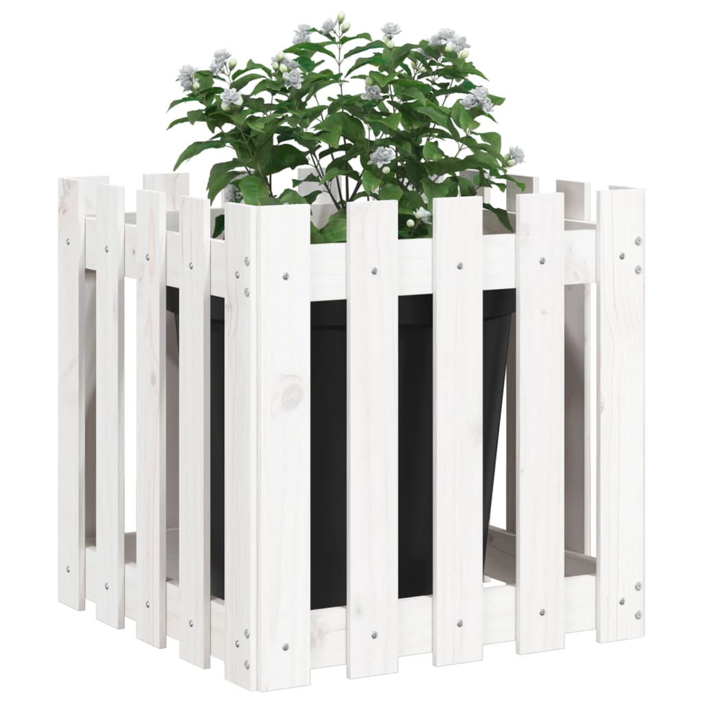 Градинска кашпа с дизайн на ограда бяла 50x50x50 см бор масив