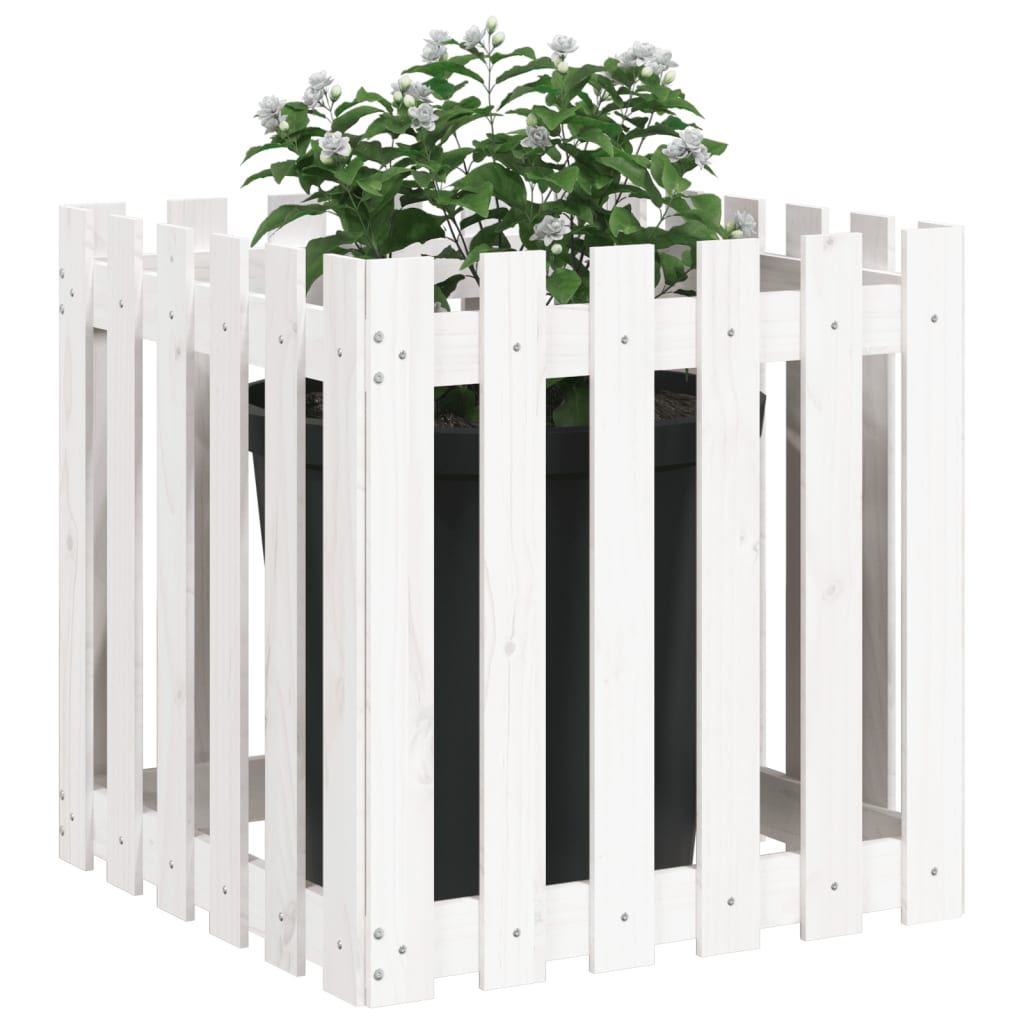 Градинска кашпа с дизайн на ограда бяла 60x60x60 см бор масив