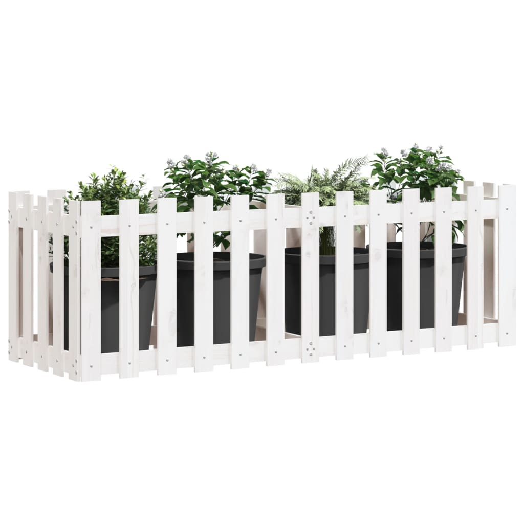 Градинска леха с дизайн на ограда бяла 150x50x50 см бор масив