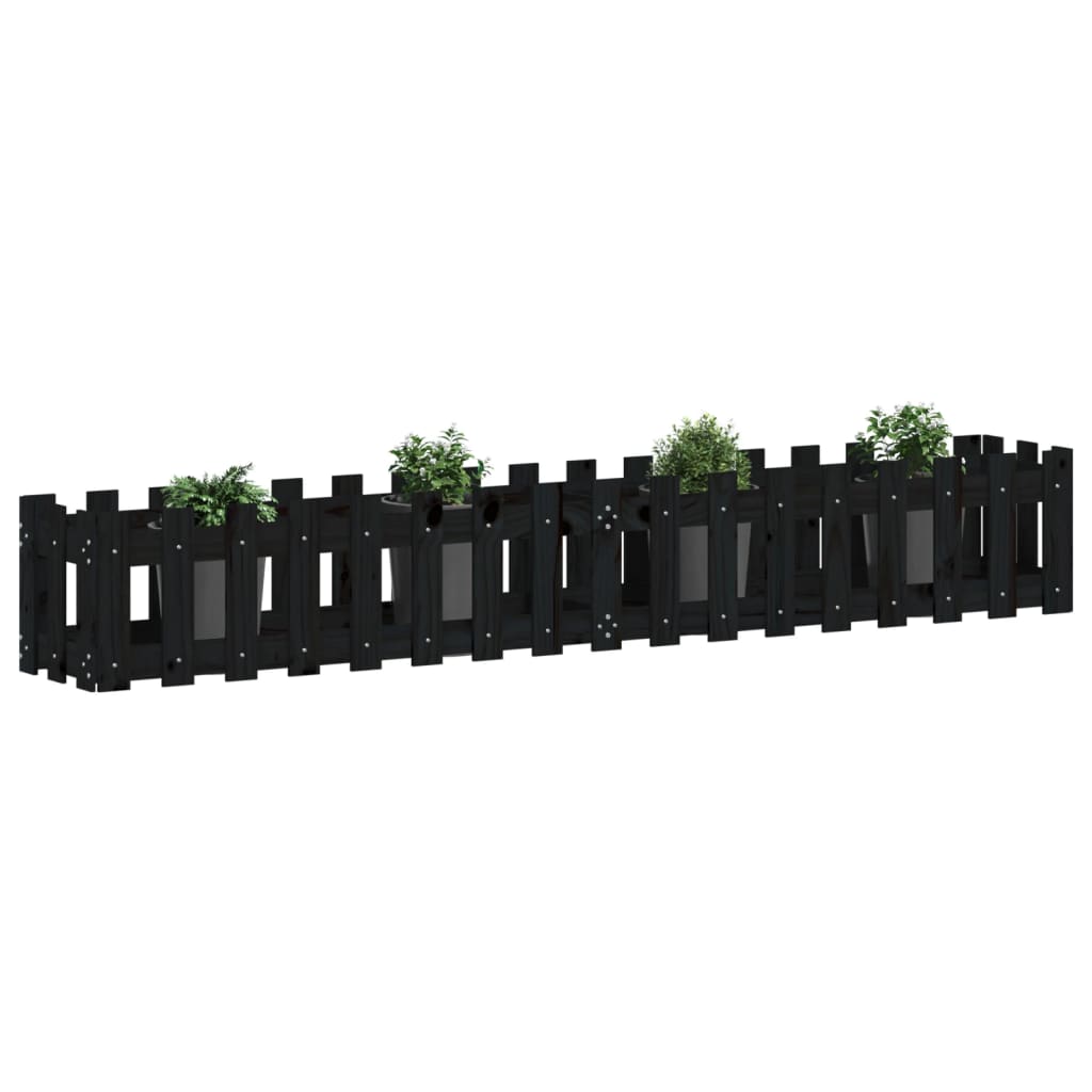 Градинска леха с дизайн на ограда черна 200x30x30 см бор масив