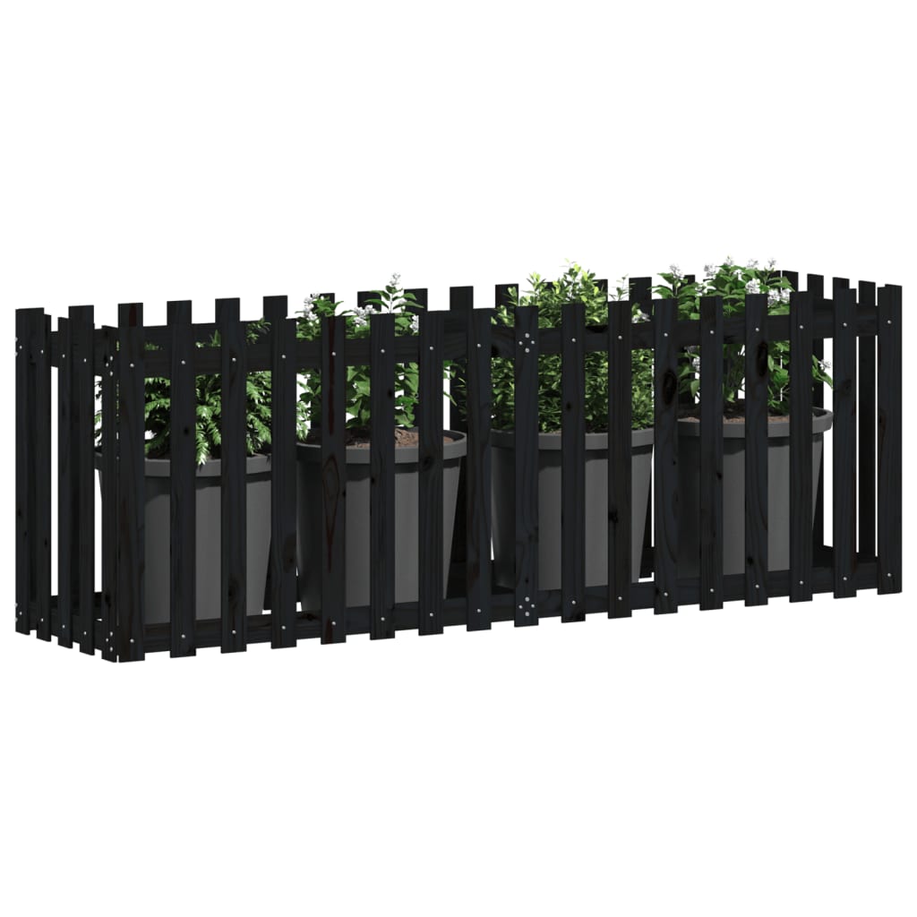Градинска леха с дизайн на ограда черна 200x50x70 см бор масив