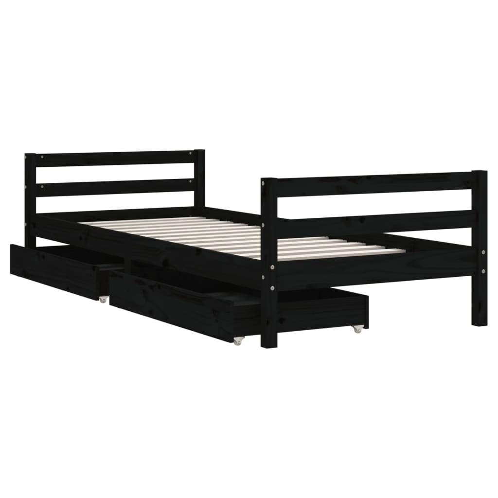 Детска рамка за легло с чекмеджета, черна, 90x190 см, бор масив