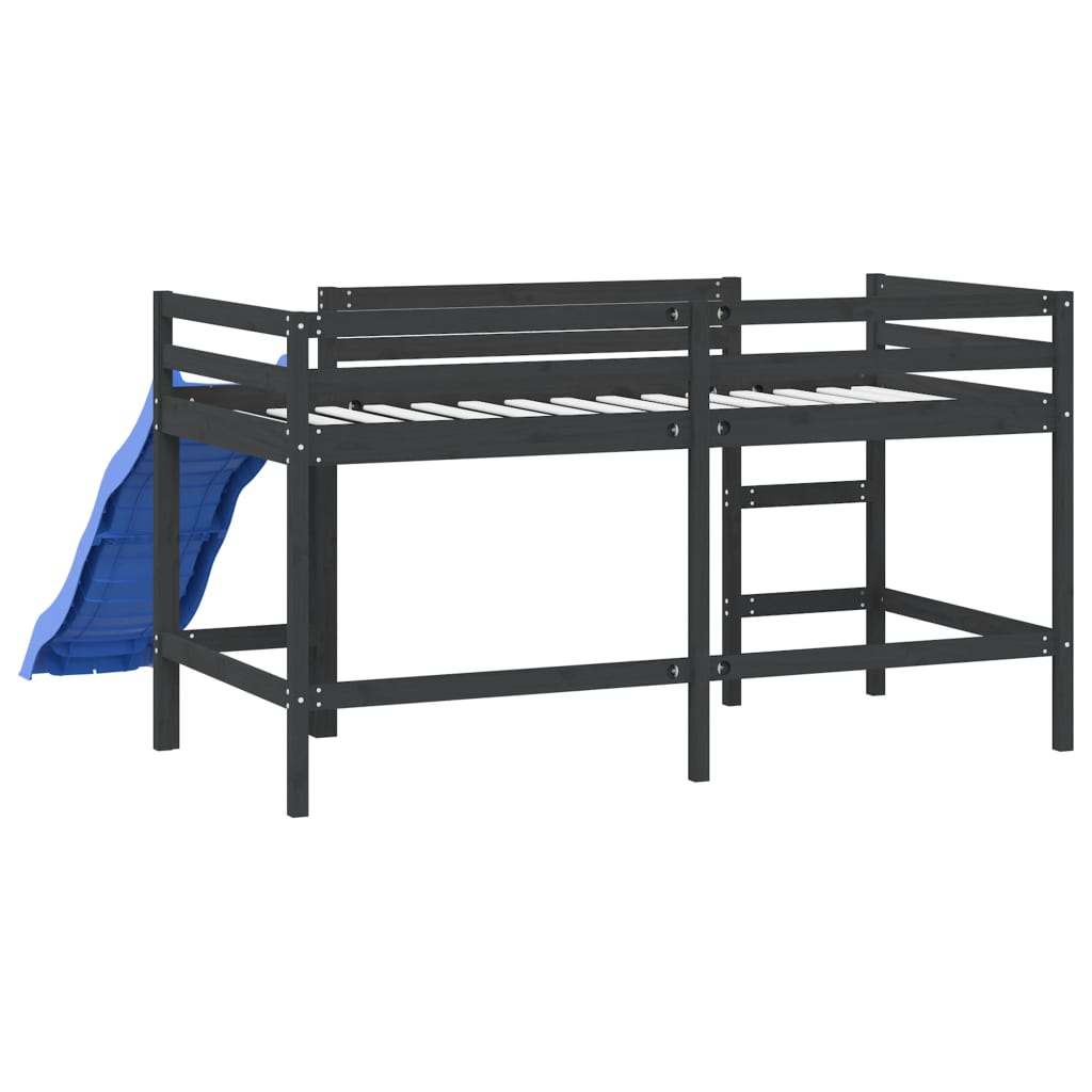 Детско високо легло с пързалка, черно, 90x200 см, бор масив