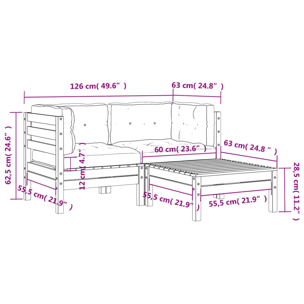 Градински диван с възглавници и табуретка, 2-местен