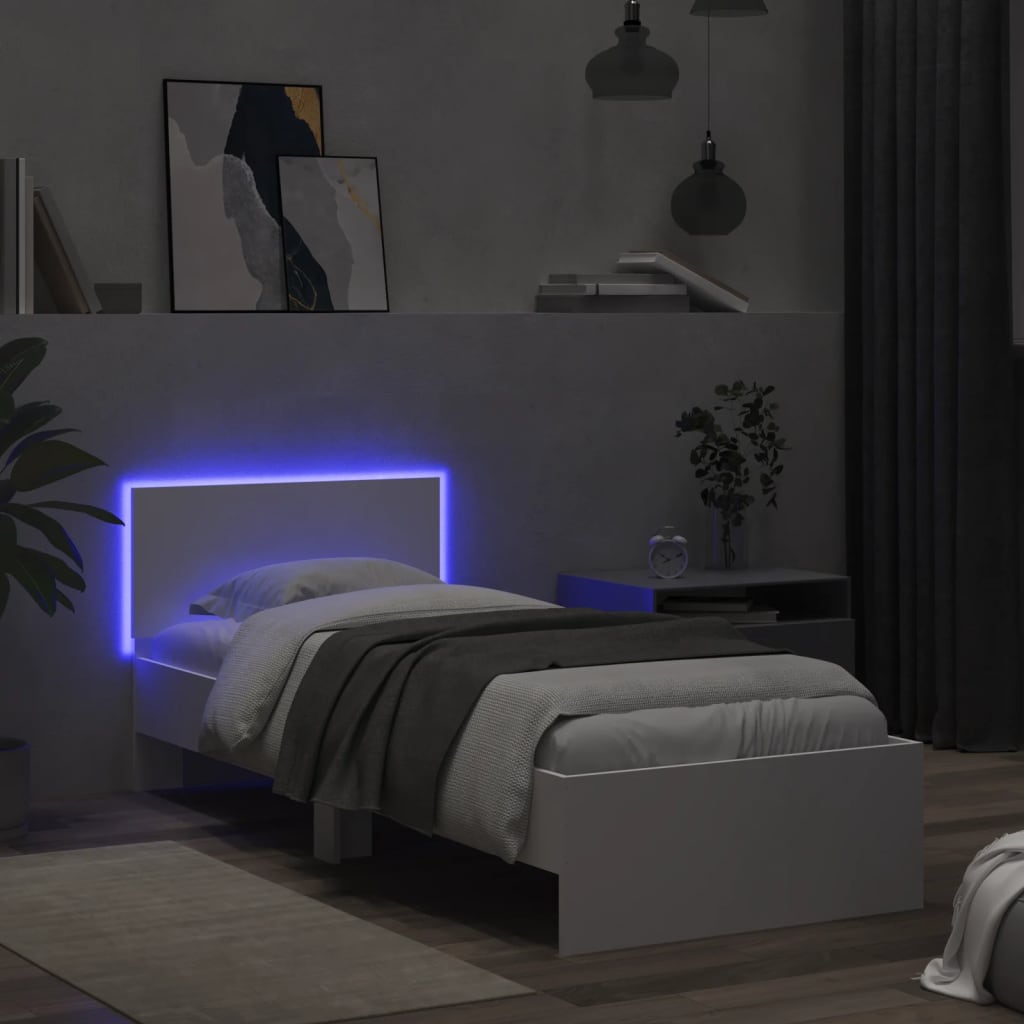 Рамка за легло с табла и LED осветление, бяла, 90x200 см