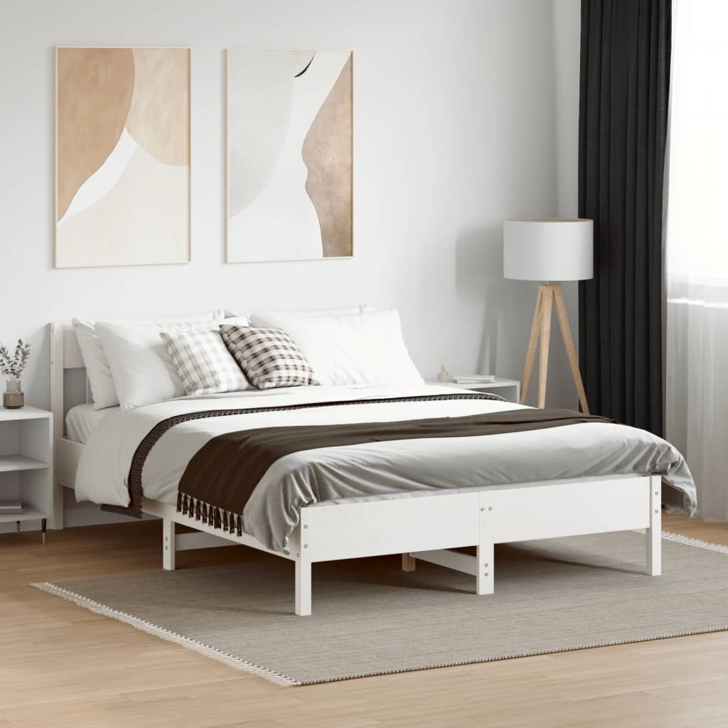 Рамка за легло с табла, бяла, 150x200 см, борово дърво масив