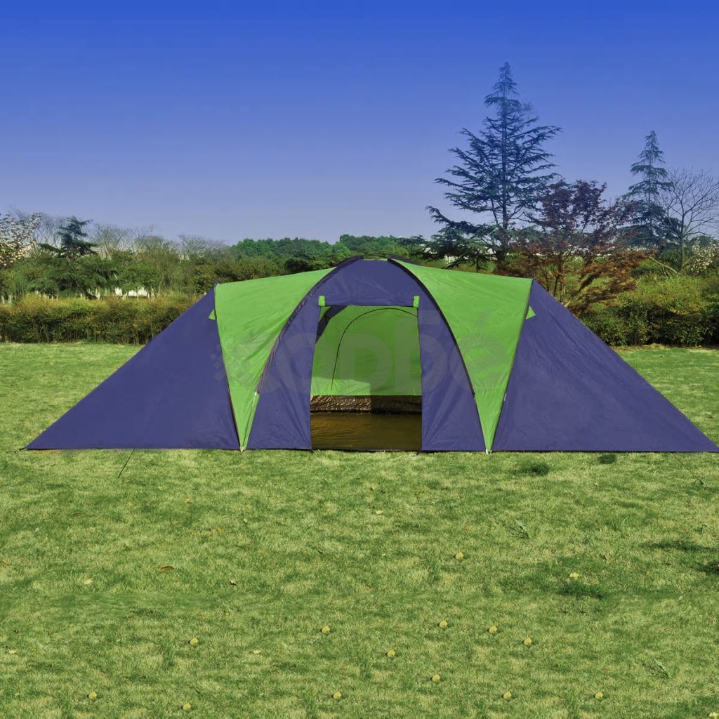 Къмпинг палатка, текстил, 9-местна, синьо и зелено