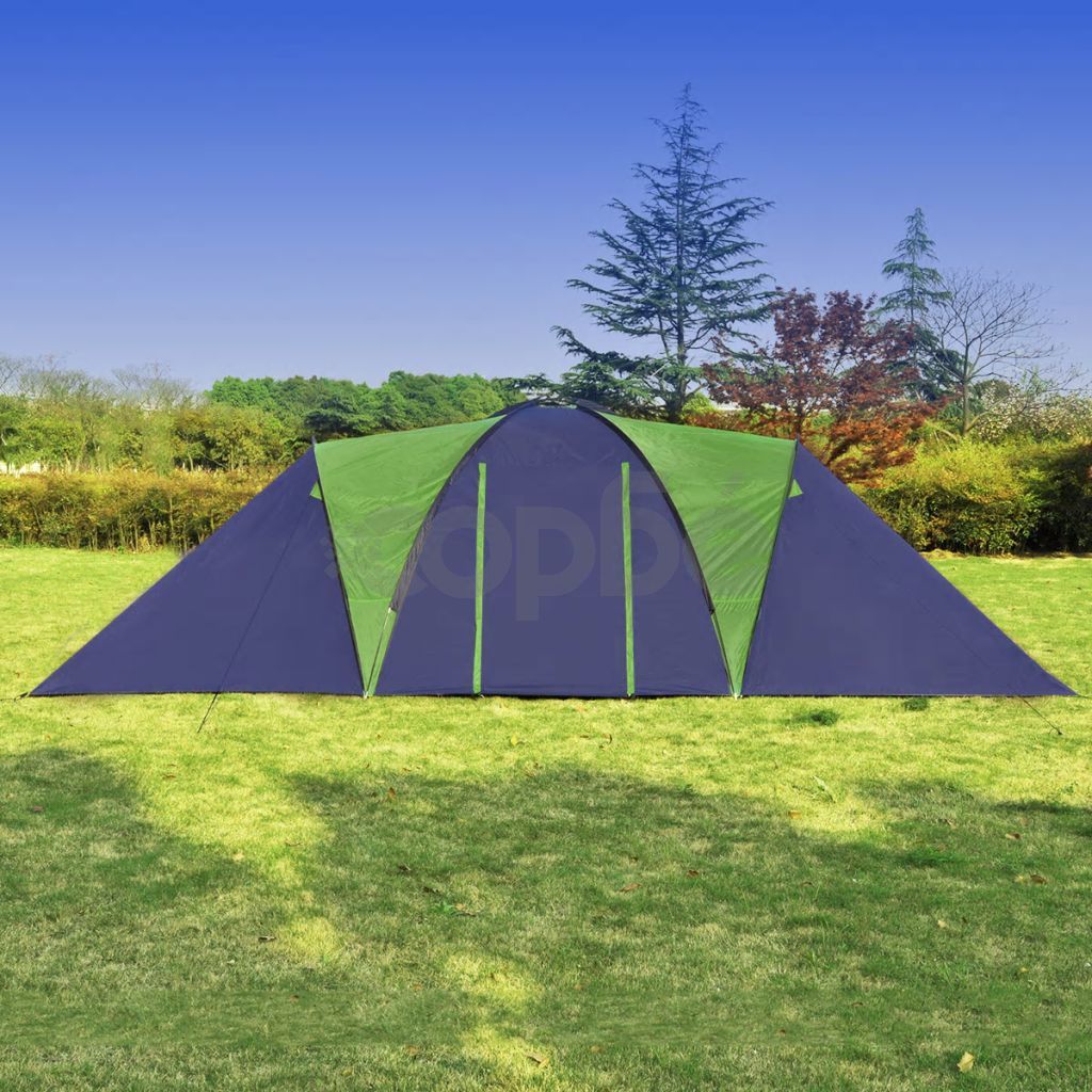 Къмпинг палатка, текстил, 9-местна, синьо и зелено