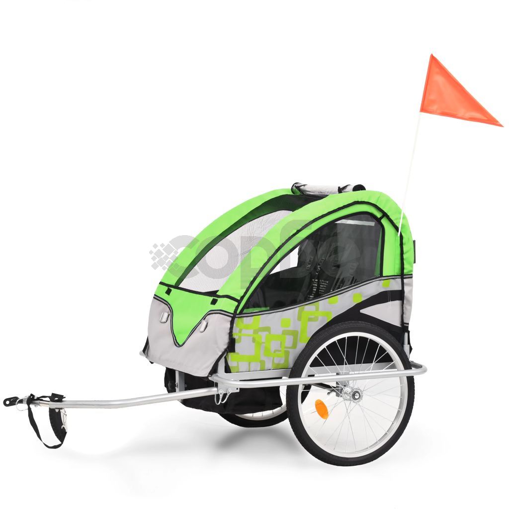 2-в-1 Детско ремарке за велосипеди и количка, зелено и сиво
