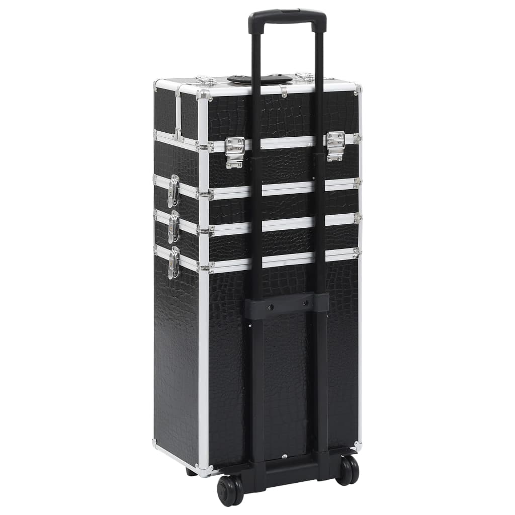 Куфар за грим на колелца, алуминий, черен с крокодилски мотив