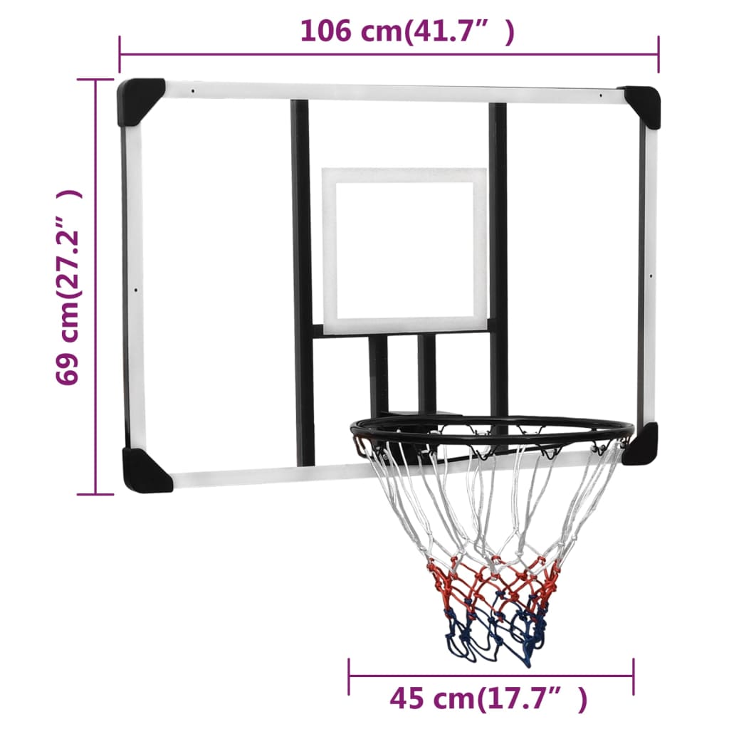 Баскетболно табло, прозрачно, 106x69x3 см, поликарбонат